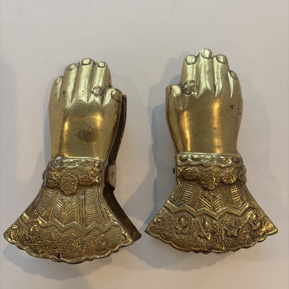 Vintage Brass Hand Shaped Spring Clips Pair Ruffled Cuff Design